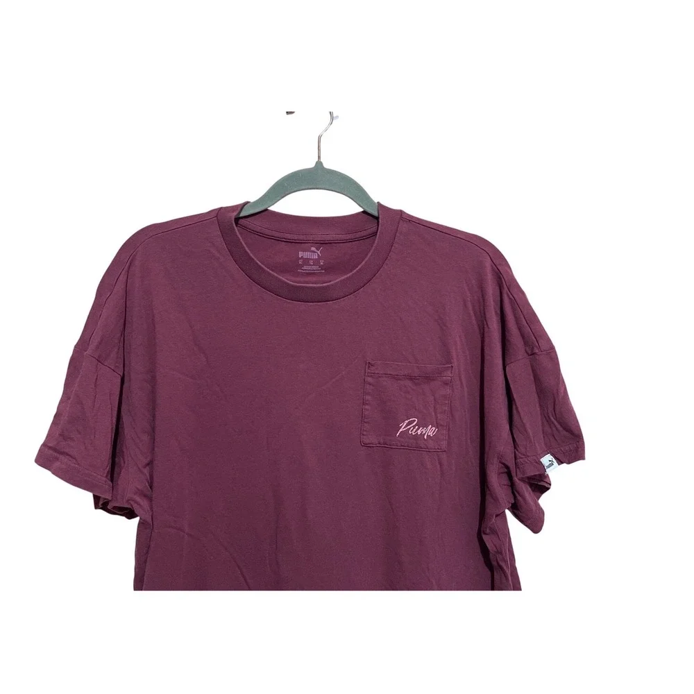 Puma Womens Boxy Pocket T-Shirt Burgundy Script Logo XL Short Sleeve-Retro - Picture 3 of 11